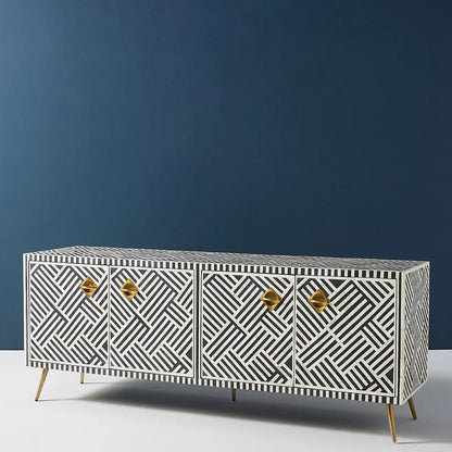 Ameerah TV Unit Cabinet - Black & White Bone Inlay