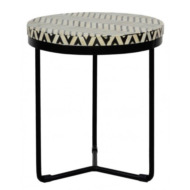 Isra Round Side Table - Black & White Bone Inlay