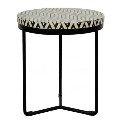 Isra Round Side Table - Black & White Bone Inlay