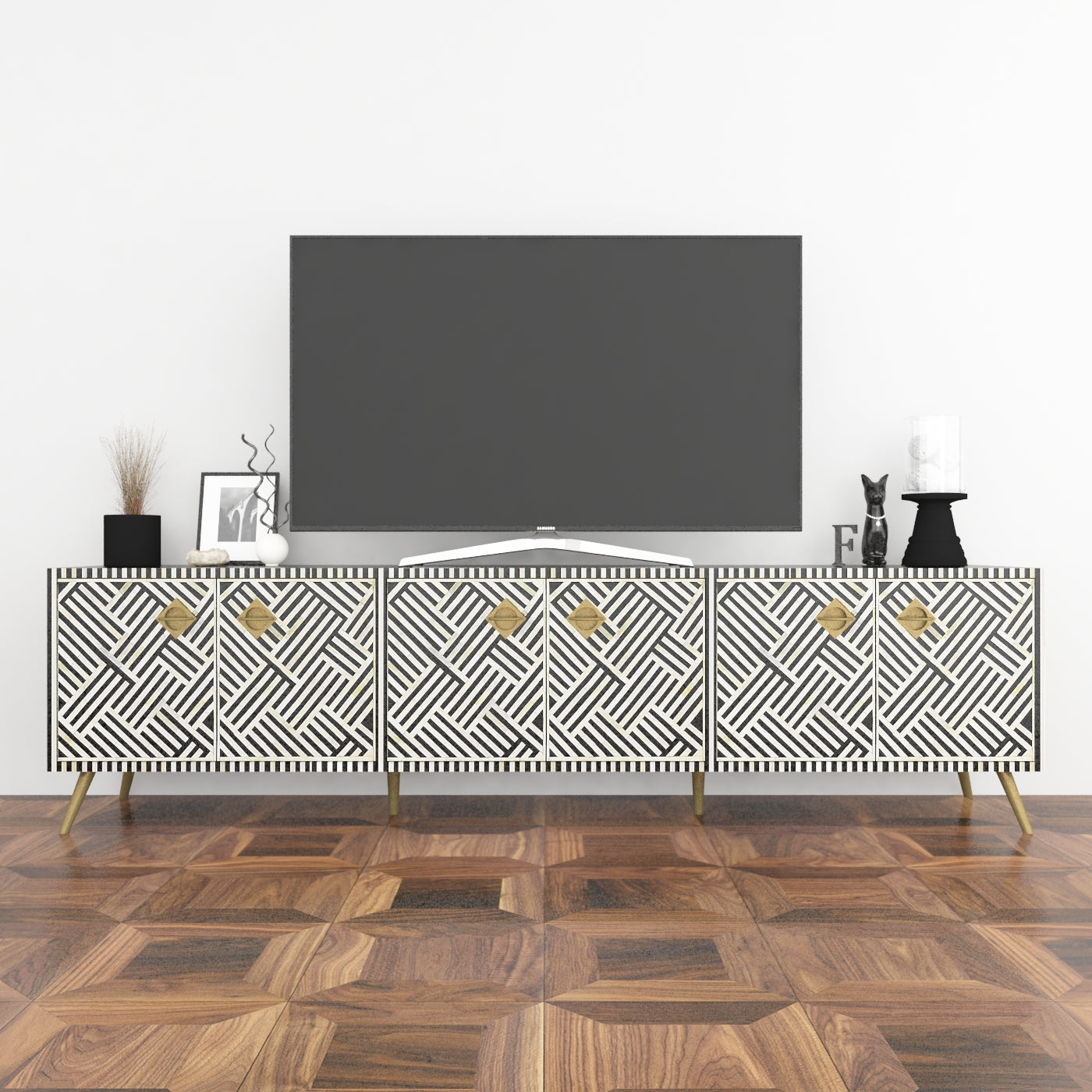 Ameerah TV Unit Cabinet - Black & White Bone Inlay